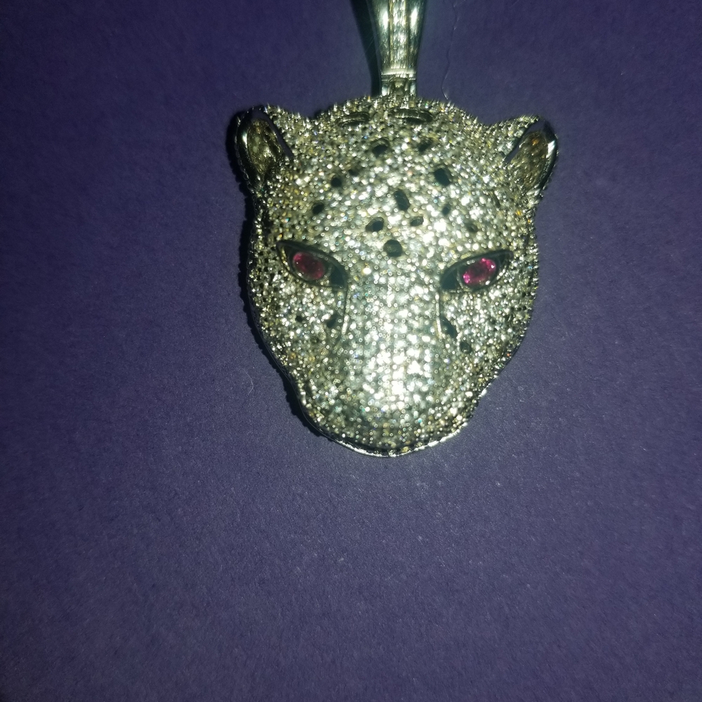 Natural Diamond SILVER Jaguar Pendant With Naturak Pink Sapphire Eyes